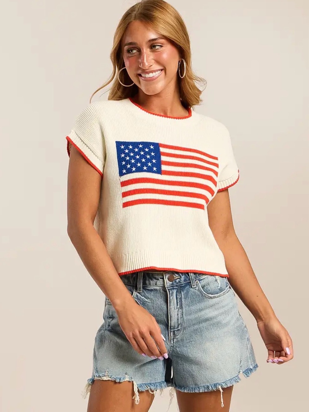 Z Supply Cream Short-Sleeve Crop Top with American Flag
